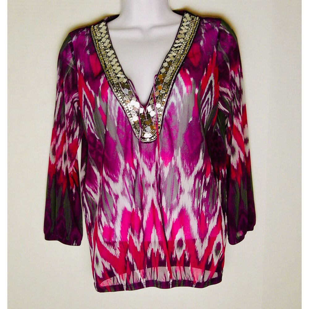 INTERNATIONAL CONCEPTS PURPLE GRAY WHITE 3/4 SLEEVE PULLOVER BLOUSE. WOMEN SMALL